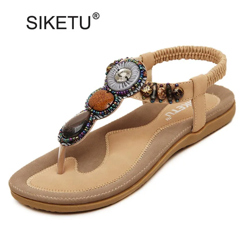 

Plus Size 35-42 Sandals Women PU Flip Flops Casual Shoes Woman Beading Elastic Band Sandale Femme Fashion Flats Sandalias Mujer