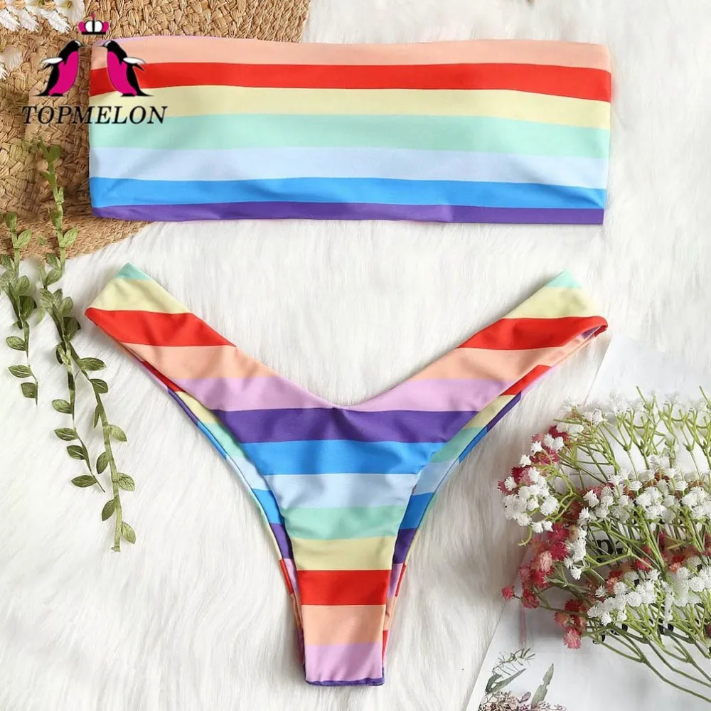 TOPMELON Swimsuit Women Colorful Striped Bikinis Set Strapless Thong