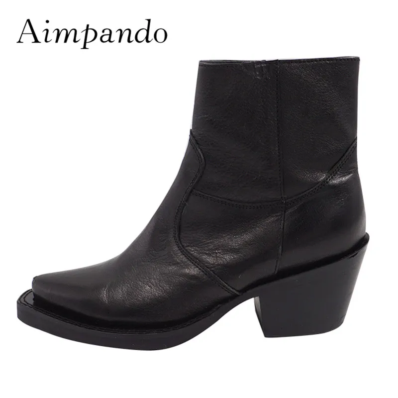 

2019 Newest Black Real Leather Ankle Boots Woman Pointed Toe Platform Wedges High Heel Boots Women Fashion Chelsea Boots