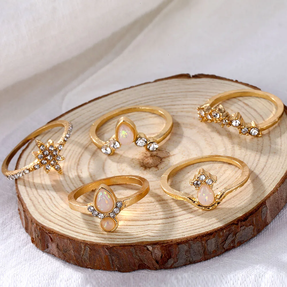 Женский набор колец, винтажный набор колец, модное кольцо с опалом и кристаллами, женское богемное ювелирное изделие, подарок