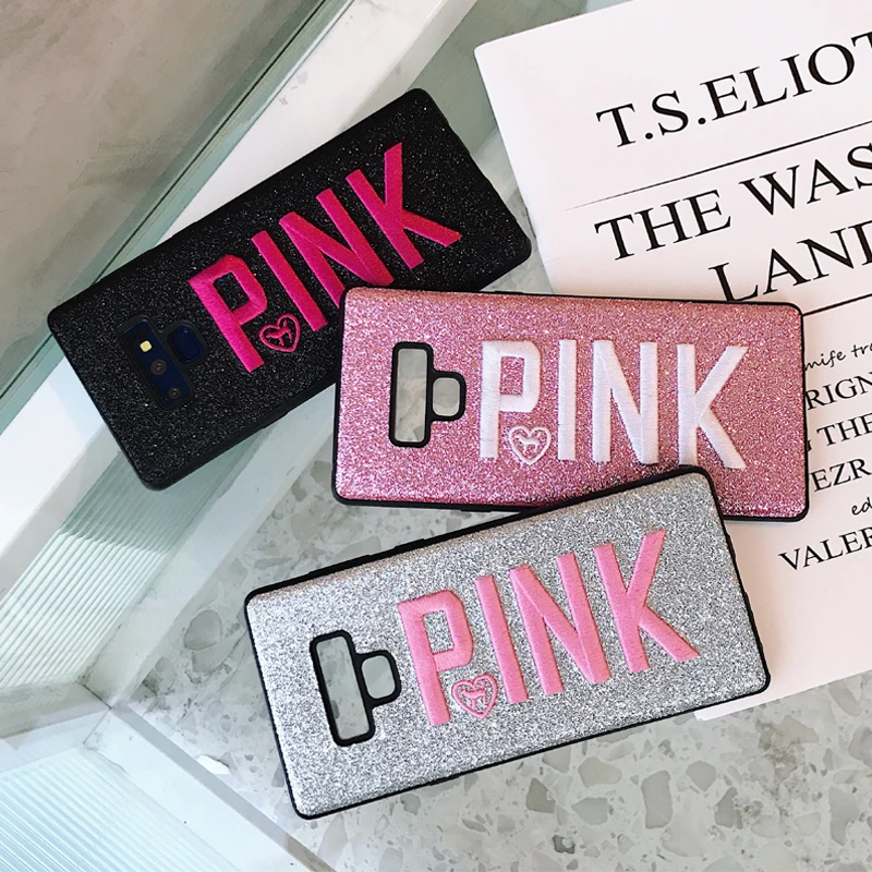 

Luxury PINK Brand NEW Glitter Embroidery Leather Fashion Hot Cute Pink Case for Samsung Galaxy S8 S9 Plus note 9 Phone cases