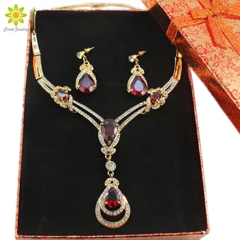 

Wedding Bridal Dress Accessories African Beads Jewelry Sets Zircon Beads Gold Color Party Necklace Earrings Set+Gift Boxes