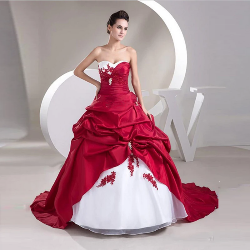 2017-New-Hot-Sales-Sweetheart-Sweep-Train-Ball-Gown-Taffeta-Applique-Ruffles-White-and-Red-Wedding