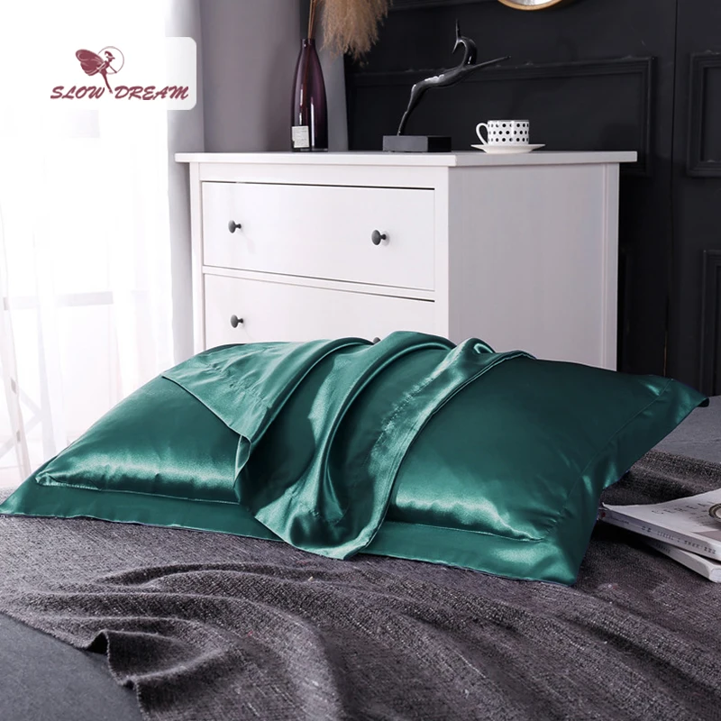 

SlowDream Pillow Cover Bedding Pillowcase 100% Natural Silk Luxury Healthy Solid Color Green Pillowcase