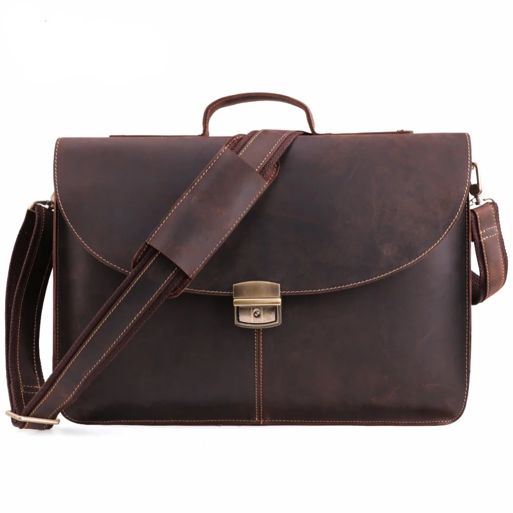 

Crazy Horse Genuine Leather Men's Briefcase Vintage Shoulder Laptop Bags 2019 High Quality Business Messenger Handbag Briefcases