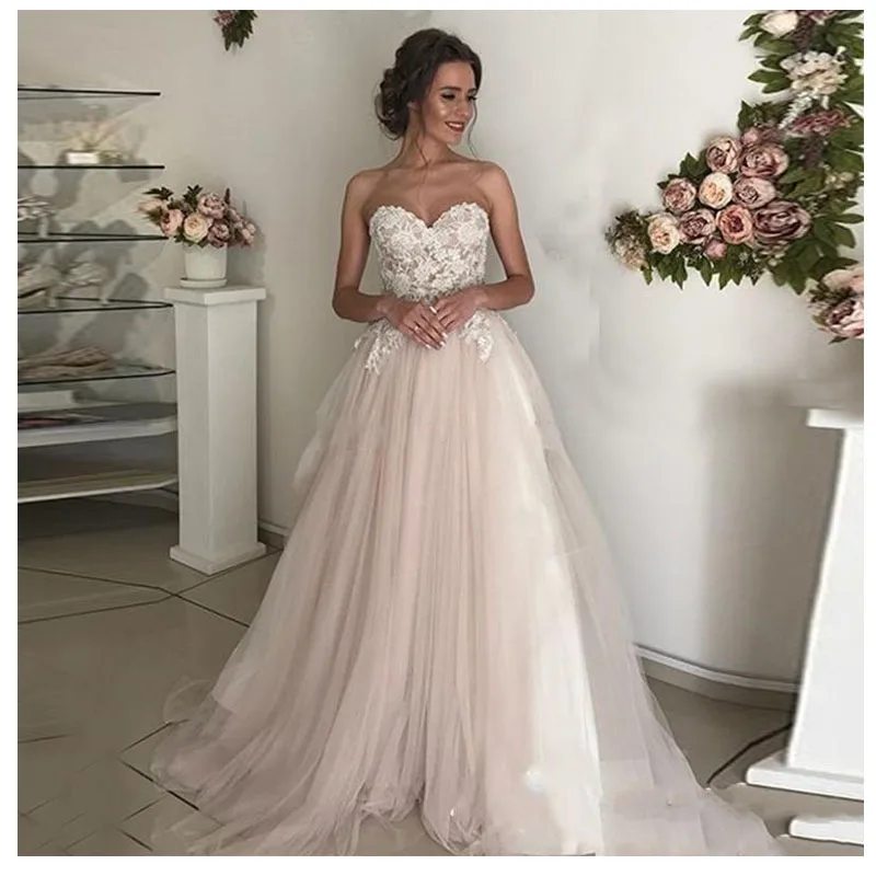 LORIE Beach Wedding Dress Lace Sweetheart A-lijn Applicaties Tulle Lange Prinses Bruids Jurk 2019 Licht Roze Trouwjurk LORIE Beach Wedding Dress Lace Sweetheart A-lijn Applicaties Tulle Lange Prinses Bruids Jurk 2019 Licht Roze Trouwjurk