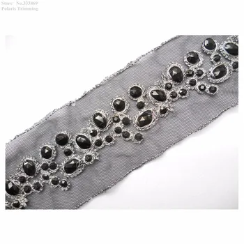 

Free Shipping 1Yd x Handmade Black Beaded Stoned Embroidery Lace Appliques Trim Costume Dress Decorating Sewing DIY Craft PBT45A