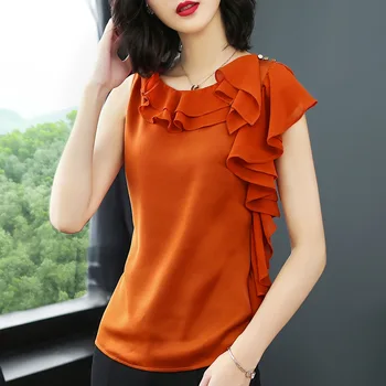 

Europe 2020 Summer Women's High Street Fashion Loose O Neck Sleeveless Chiffon Blouses Female Casual Ruffles Personality Shirts