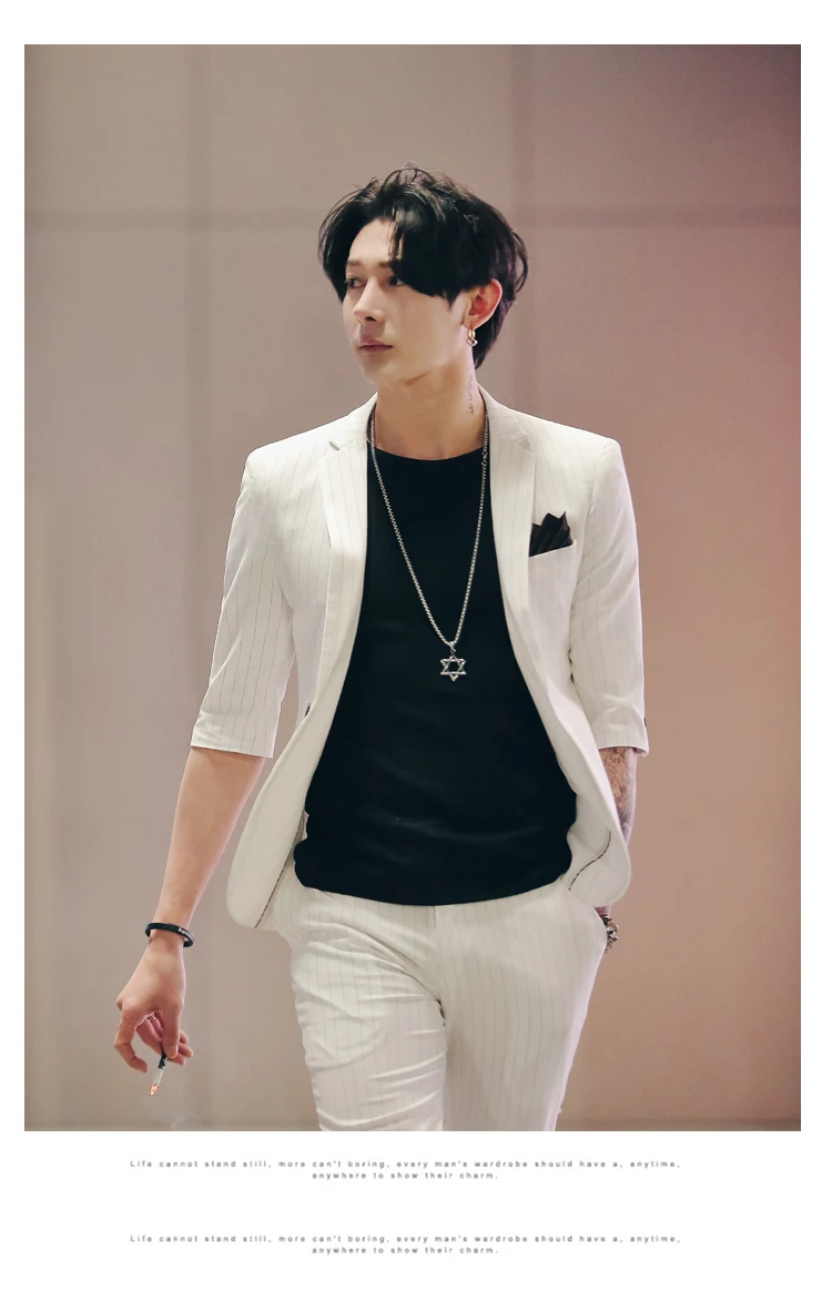 Лето 2019 г. мужской костюм Slim Fit семь часть рукава в полоску черный, белый цвет Свадебный костюм для Мужские костюмы Homme курение Terno