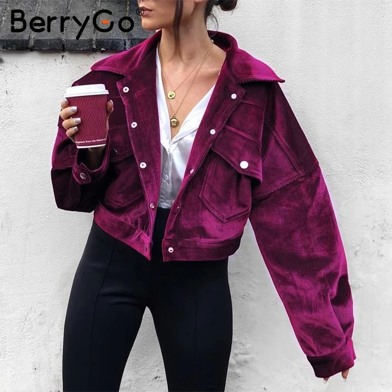 BerryGo Corduroy single breasted autumn jacket Women casual pocket winter...