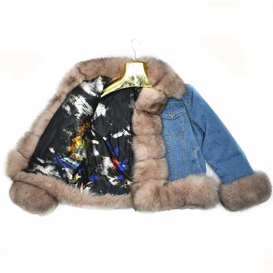 Женская новая джинсовая куртка с натуральным лисьим мехом и подкладкой из кроличьего меха, зимняя теплая Модная Толстая куртка с натуральным мехом, европейская уличная обувь s