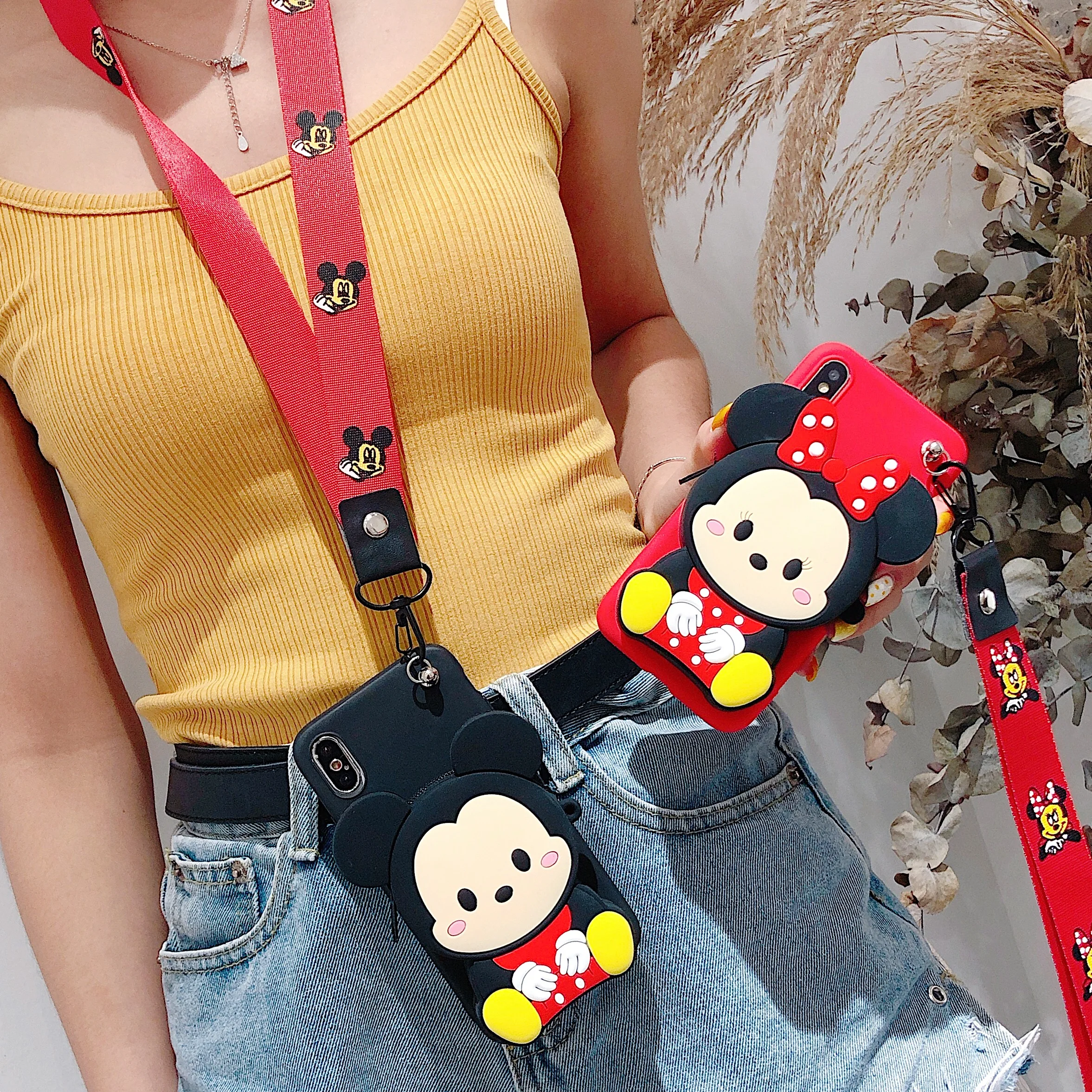 

Cartoon Mickey Minnie Wallet Silicon Phone Case For iphone XR X XS Max 6 6s 7 8 Plus Cases For iphone X 7 Hand Strap Cover Capa