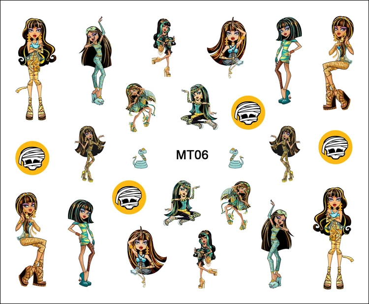 1 лист ногтей MT06 Monster High желтый зеленый Клео де Нил мультфильм череп ногтевой