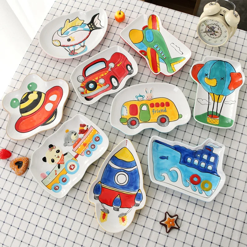 4pcs / set animal Transportation Baby plate bow cup Forks Spoon Dinnerware feeding Set, ceramic cartoon Baby children tableware 