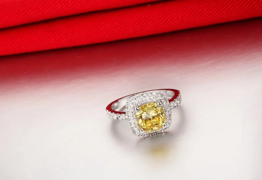 T бренд на заказ 1CT Желтая подушка твердое белое золото качество надежные Синтетические алмазы кольцо обручальное кольцо для женщин ювелирные изделия