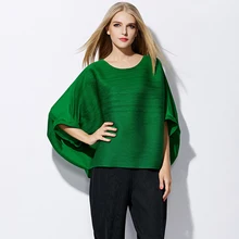 Модные свободные Футболки для женщин Европейский красивой рукава летучая мышь складки Твердые дикие женская футболка плюс Размеры Женщины Топ