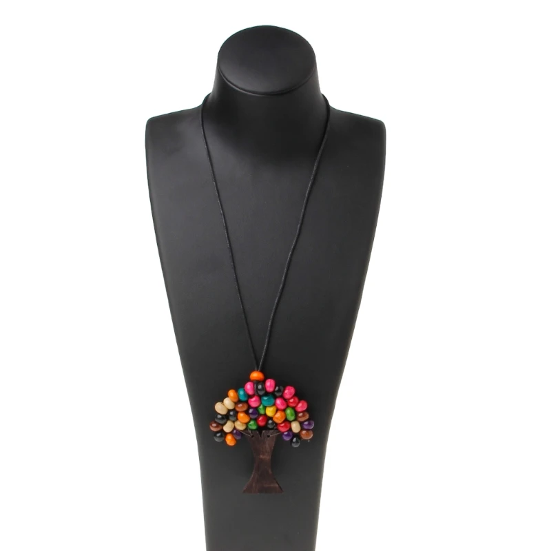 

Tree Of Life Rainbow Wooden Beads Pendant Necklace Boho Ethnic Statement Jewelry