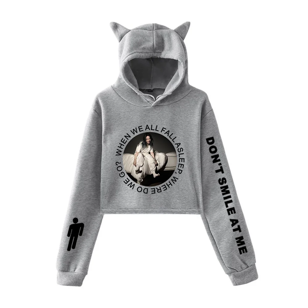 بيلي Eilish اقتصاص هوديي المحاصيل أعلى النساء البلوز السيدات قمم القط قناع السترة مثير هوديس بلوزات الفتيات الملابس