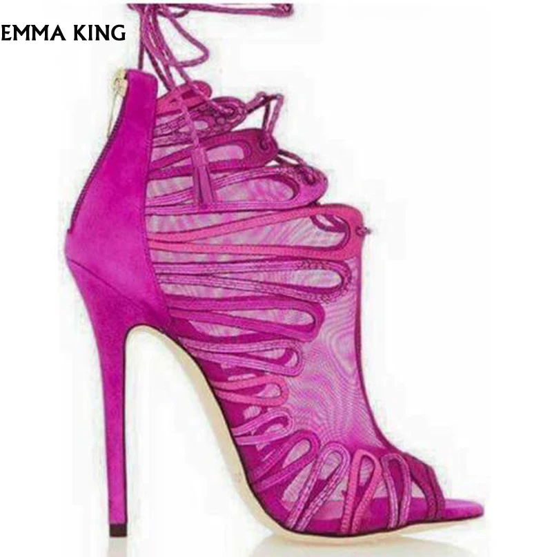 

2019New Sexy Lace Patchwork Peep Toe Sandals Boots Woman High Heels Back Zipper Sandalias Mujer Ankle Strap Booties Ladies Shoes
