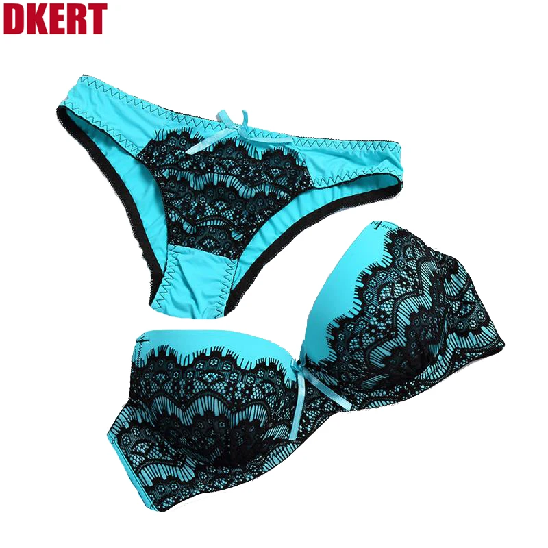 

DKERT Embroidery Lace Push Up Women Bra Brief Set ABC 3/4 Cup Flowers Young Lady Bow Bra Set Sexy Brassiere Underwear Set