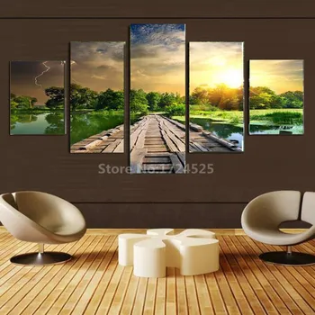 

2017 Sale Time-limited Unframed 5 Pcs Landscape Modern Home Wall Decor Sunshine And Wooden Trestle Beautiful Pictures