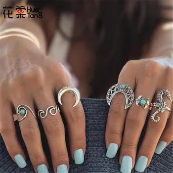 

HuaTang 6pcs/1set Vintage Ocean Style Sea Horse Knuckle Finger Rings Set for Women Rhinestone Moon Hollow Wave Midi Rings 4023