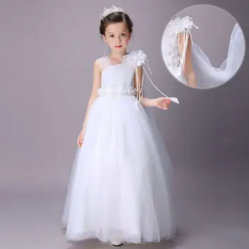 

2019 Kids Girl Elegant Bridesmaid Wedding Party Dress Baby Girl Lace Mesh Princess Vestido Children Bow Flower Pearls Dress Q579