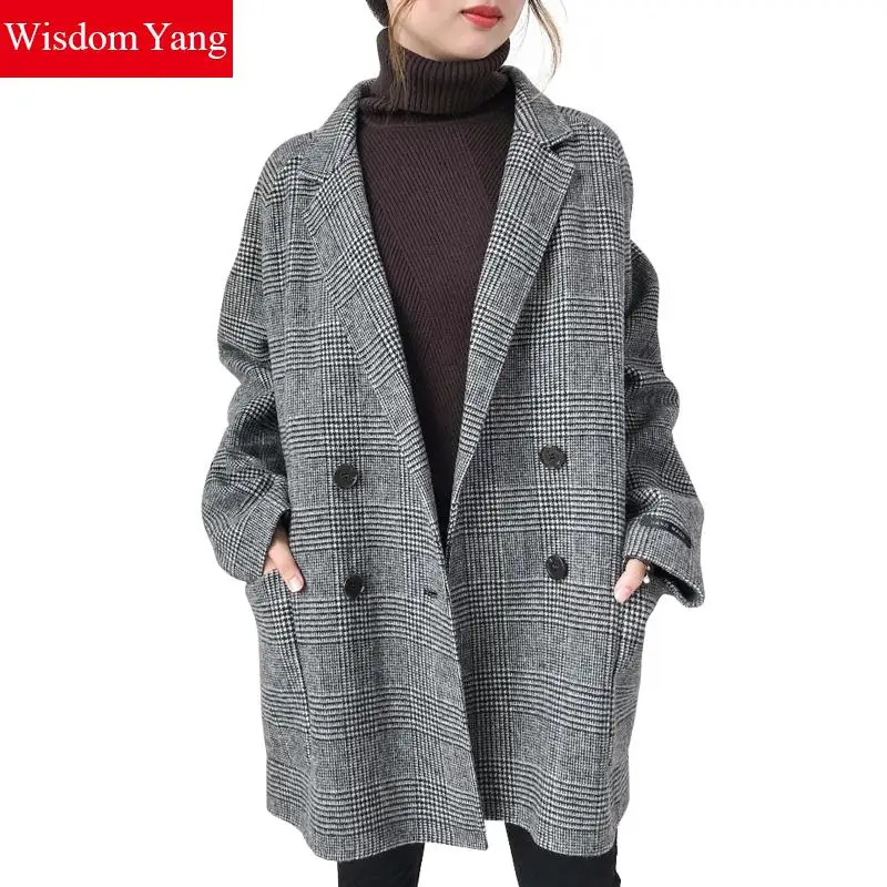

Elegant Winter Coat Black Plaid Houndstooth Sheep Wool Casual Korean Coats Women Female Oversize Woolen Overcoat Looes Outerwear
