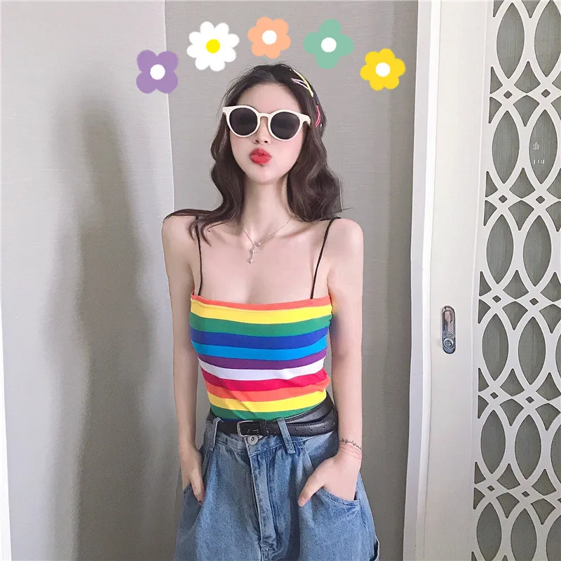 

Women Summer Kawaii Rainbow Striped Camis Sweet Iridescence Spaghetti Strap Crop Top Streetwear Gothic Fringe Colorful Shirts