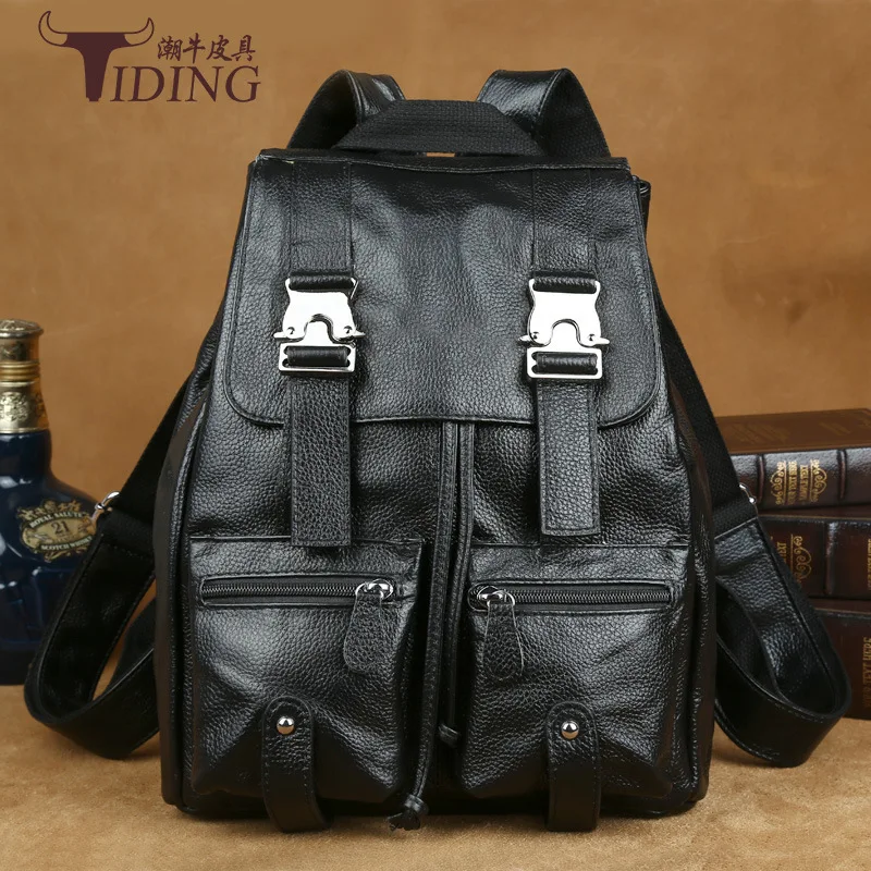 

TIDING Luxury Genuine Leather Solid Color Litchi Women Backpack School Bags Vintage Style Travel Luggage Bag Backpack