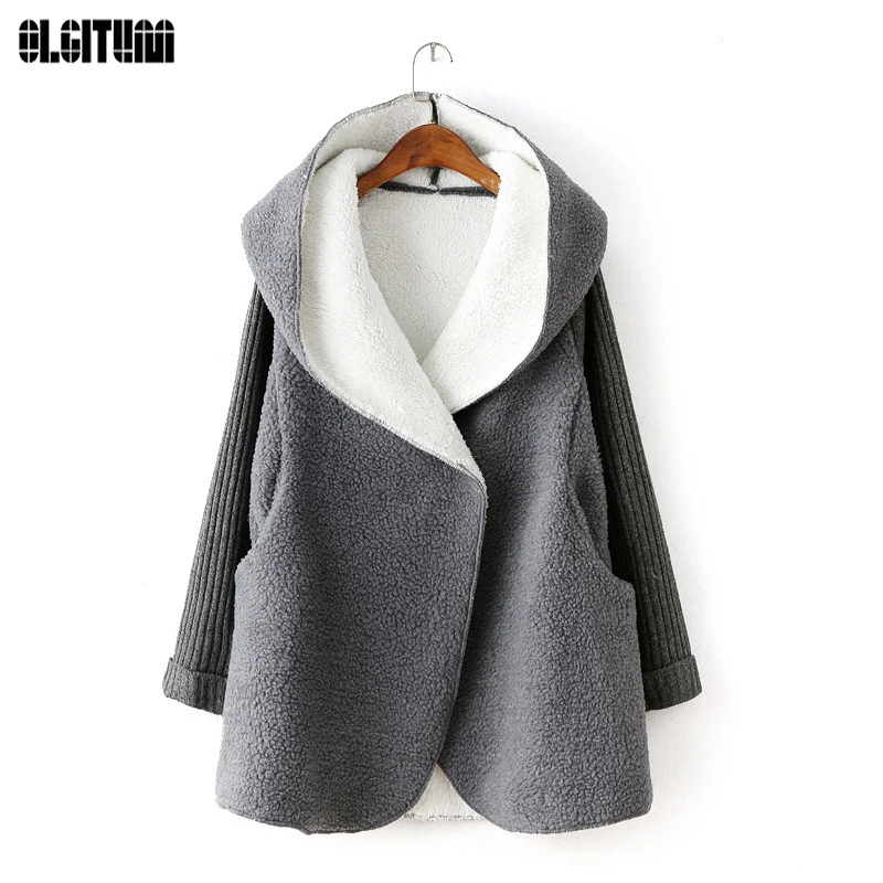 

OLGITUM Coat fleece cardigans women 2019 autumn/winter warm thicken women wool coat long loose casual hooded Coat