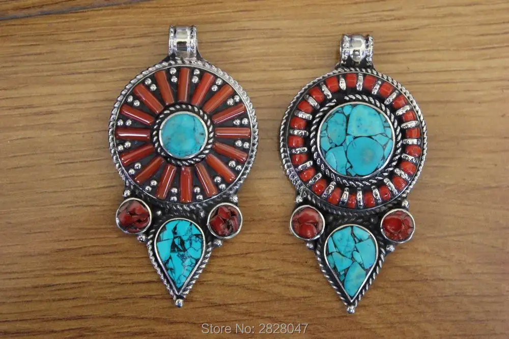 

PN041 Nepal Handmade Copper Coral Stone Big Pendants Tibetan Ethnic Jewelry New Arrival