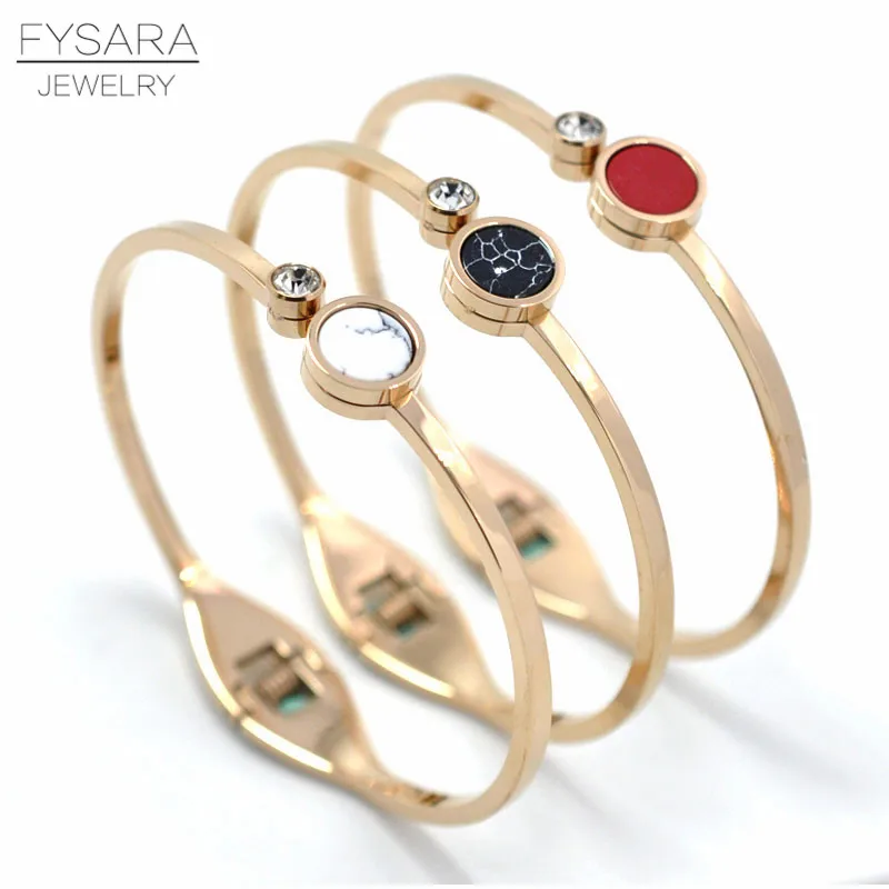 

FYSARA White/Black/Red Natural Stone Bracelet & Bangle For Women Boho Jewelry Round Crystal Bangle Rose Gold Lover Cuff Pulseira