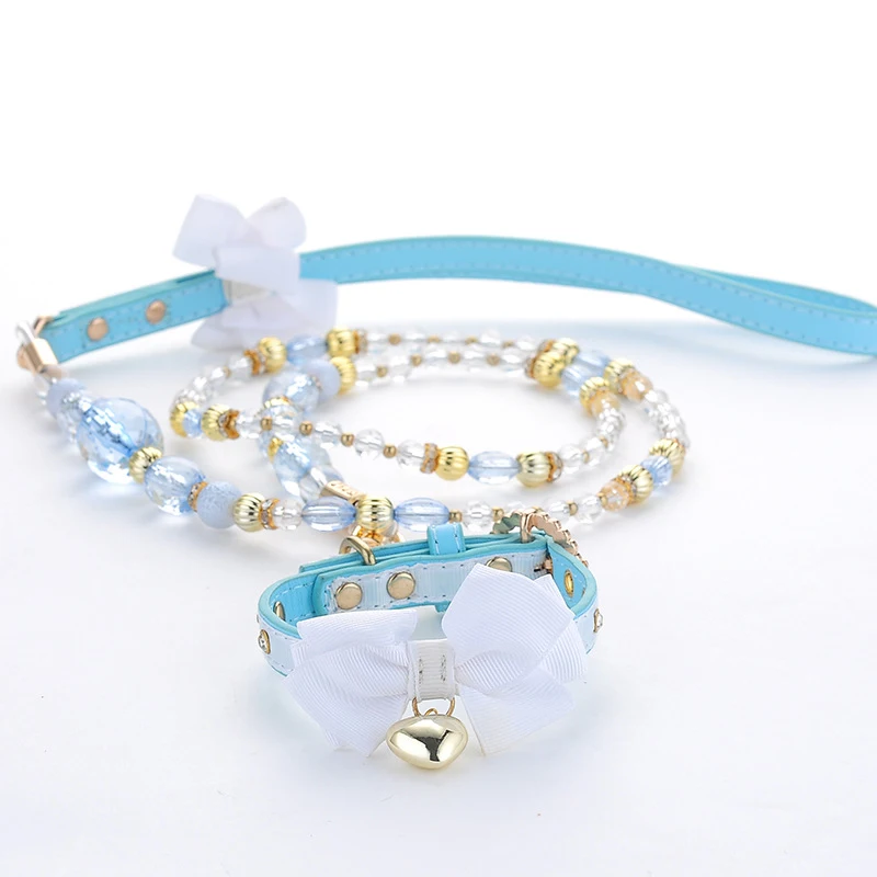 

Blue Pearl Beads Dog Leash Bowknot Collar Set For Small Medium Size Dogs Cat Drop Shipping