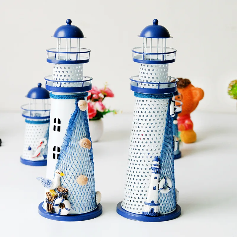 

Iron Mediterranean Lighthouse LED Candlestick Watchtower Creative Striped Large Rudder Ocean Light Figurine Nostalgic Ornaments