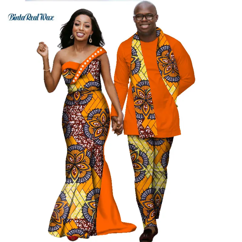 Африканские платья для женщин Bazin Riche мужские комплекты рубашка и брюки для влюбленных пар одежда с принтом длинное платье африканская одежда WYQ139