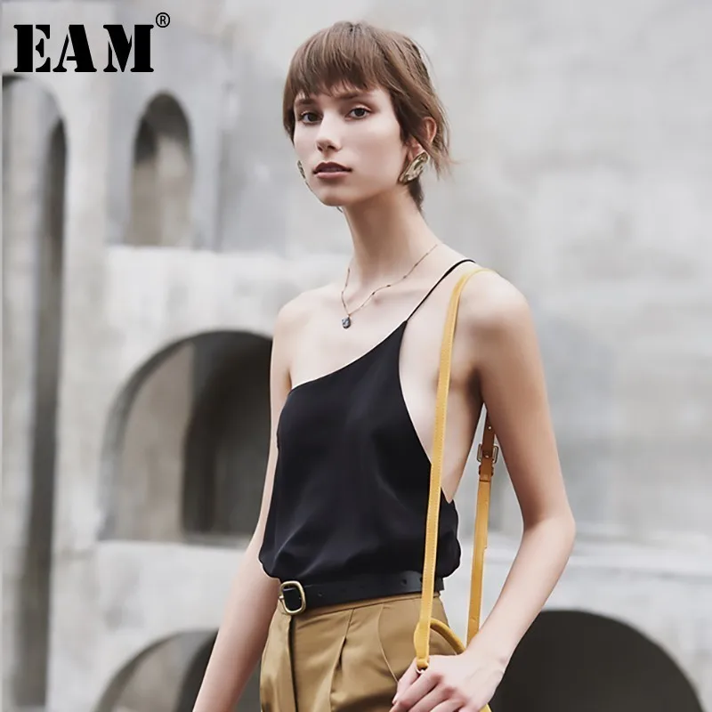 

[EAM] 2019 New Spring Summer Irregular Collar Sleeveless Backless Brief Personality Irregular Camis Tank Tops Women Fashion JX66