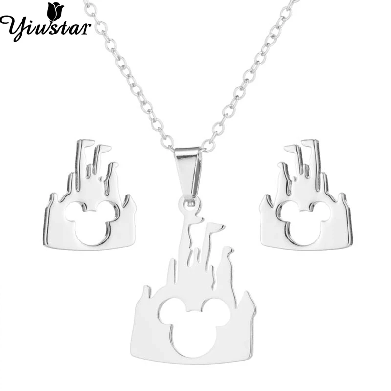 

Yiustar Castle Shape Hollow Mickey Wedding Jewelry Sets Silver Women Girls Mickey Necklace Mouse Earrings Stainless Steel Earing