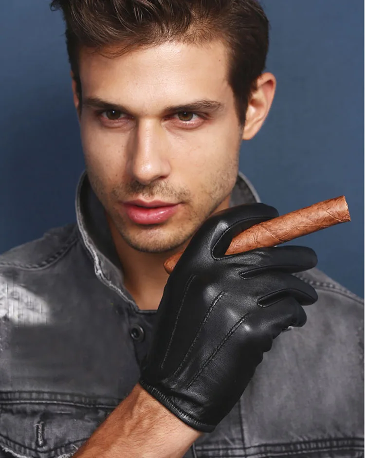 men fashion back three lines unlined real leather gloves in blackin