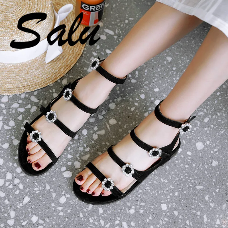 

Salu Ankle Strap Sandals Women Summer Black Flat Heel Sandal Buckle Cow Suede Leather Open Toe Gladiator Shoes Women