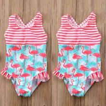 Детский купальник в полоску с фламинго для маленьких девочек; купальный костюм; одежда для плавания