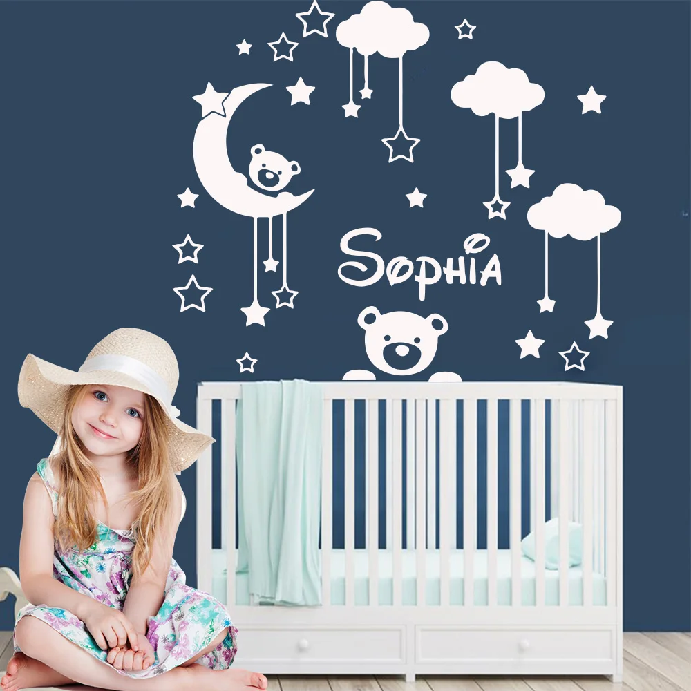 Custom Name Baby Moon Bear Vinyl Sticker Personalized Wall Decals