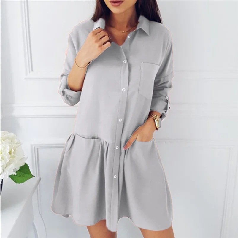 Fashion casual dress 2018 women autumn Long Sleeve Loose Pocket shirt dress Blouse elegant Dress robe female vestido O26#N (11)