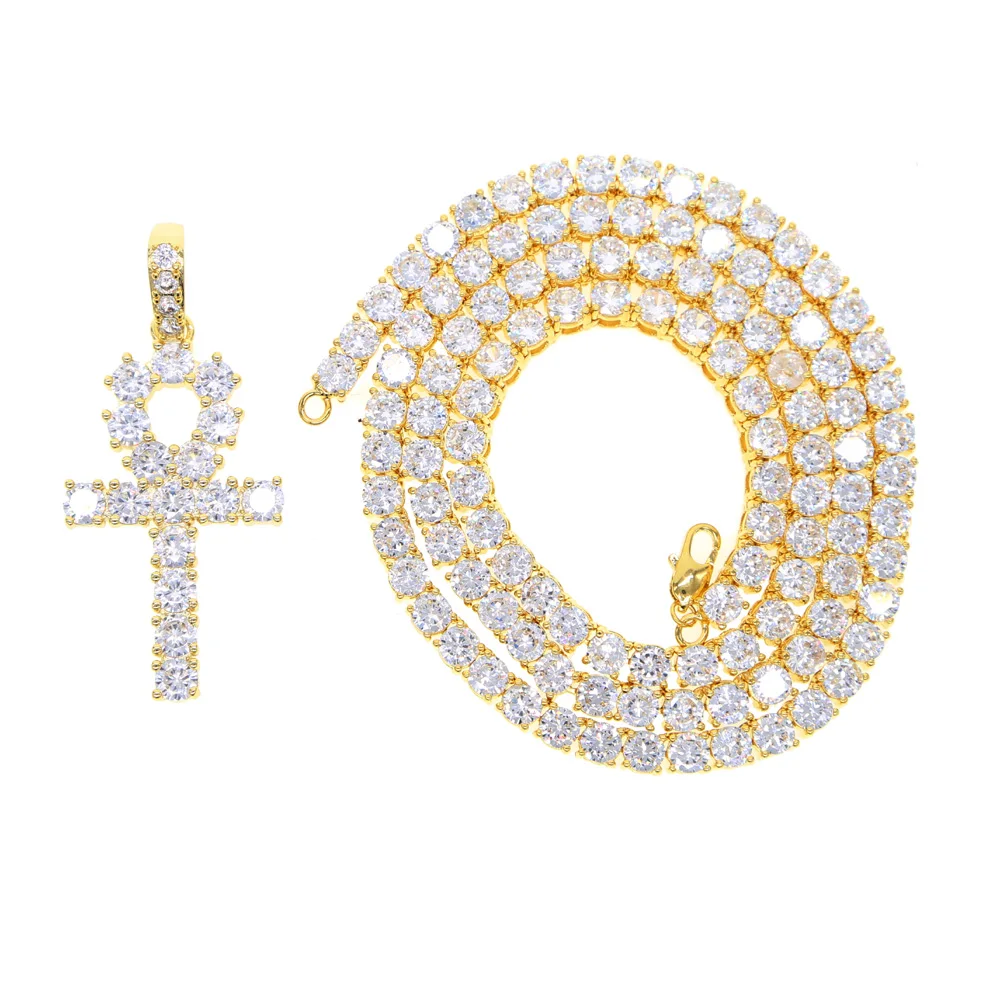 Мужская шикарная позолоченная цепочка в стиле хип-хоп с кубическим цирконием Ankh Key Of Life, ожерелье с подвеской, золотая цепочка для мужчин 60 см