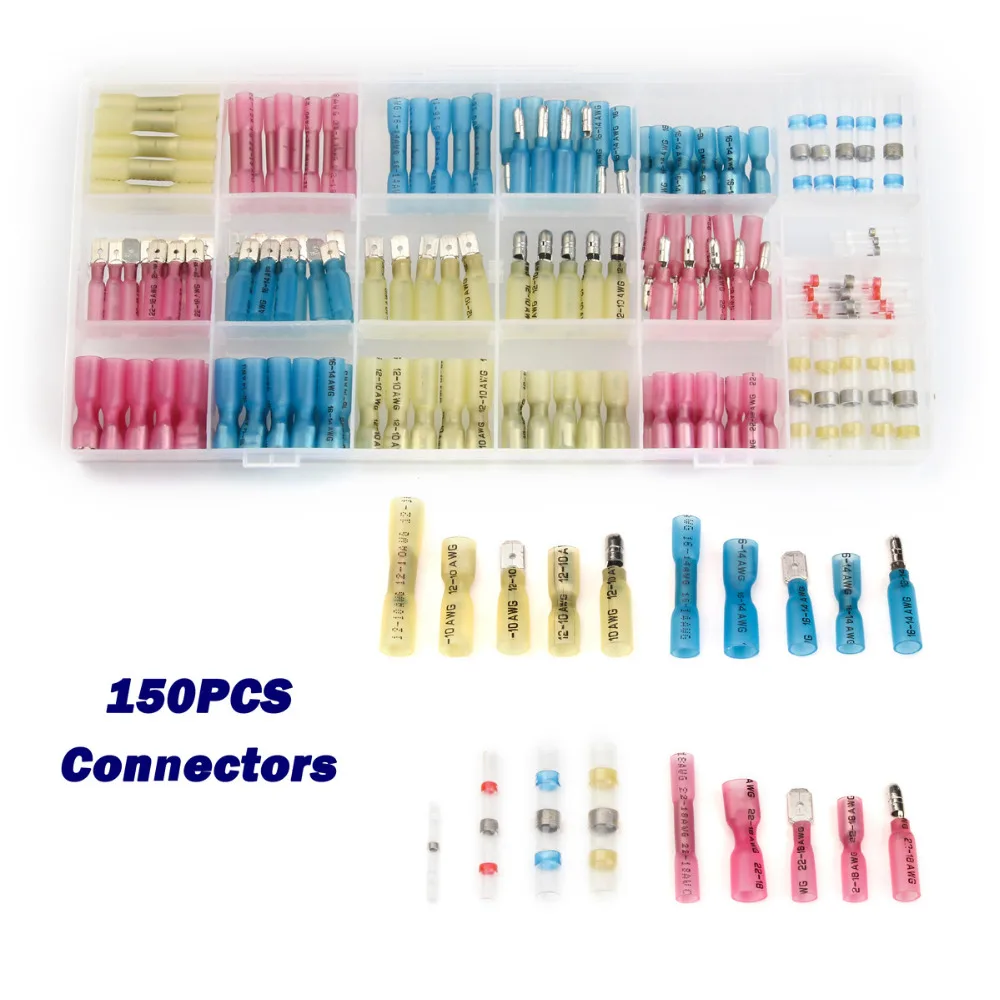 

150Pcs Red/Blue/Yellow/White Waterproof Soldering Sleeves Assorted Terminals Heat Shrink Butt Wire Crimp Connectors Kits