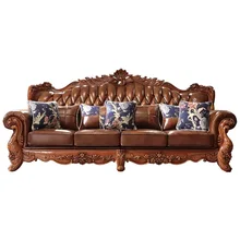 Роскошный антикварный дизайн Европейский Французский Итальянский стиль мебель для гостиной из цельного дерева кожаный диван набор сиденья 7 3 2 1 сиденье