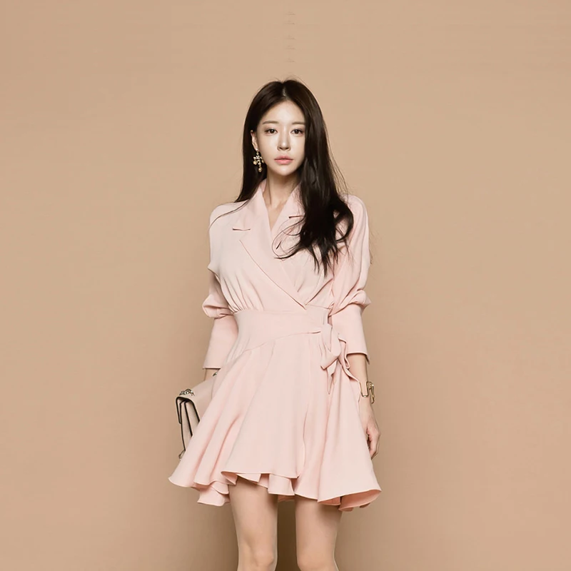 

Mingjiebihuo fashion autumn OL women solid notched collar dress new arrival long sleeve wild slim mini girls bow a-line dress