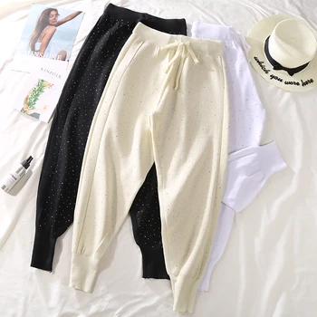 

Hot drilling elastic high waist casual pants women loose spring autumn knitted harem pants ankle length