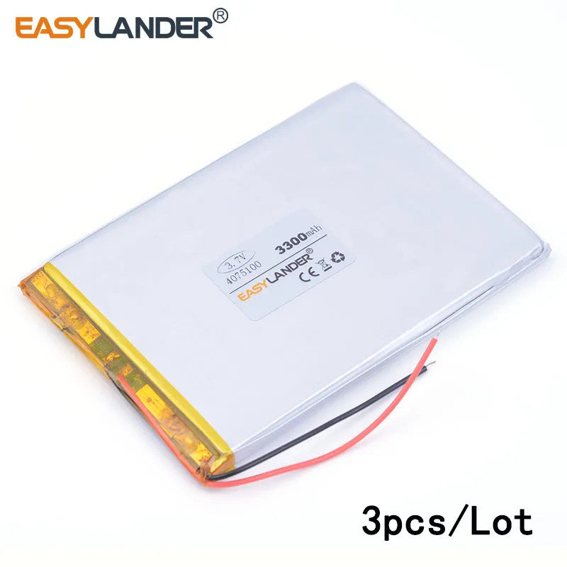 

3pcs /Lot 3.7 V 4075100 3300 mah high capacity polymer lithium battery sun N70 7 inch tablet battery Tablet Pc DIY