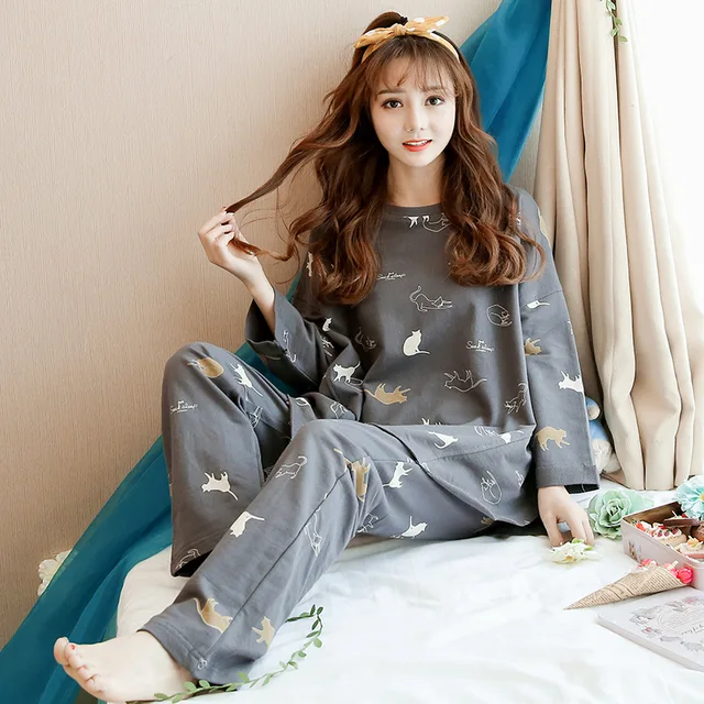 Korean version autumn 2019 ladies kawaii pajamas cotton long-sleeved suit thin section cardigan casual homewear vintage pijama